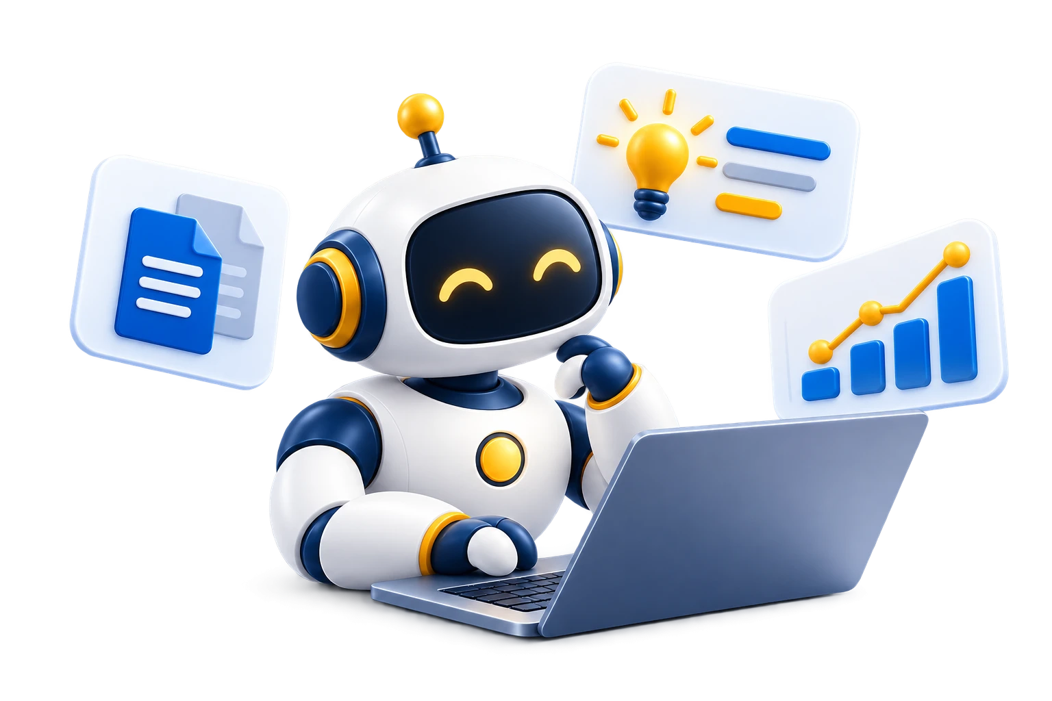 Freundlicher KI-Assistent am Laptop mit Karten für Content, Ideen und Datenanalyse