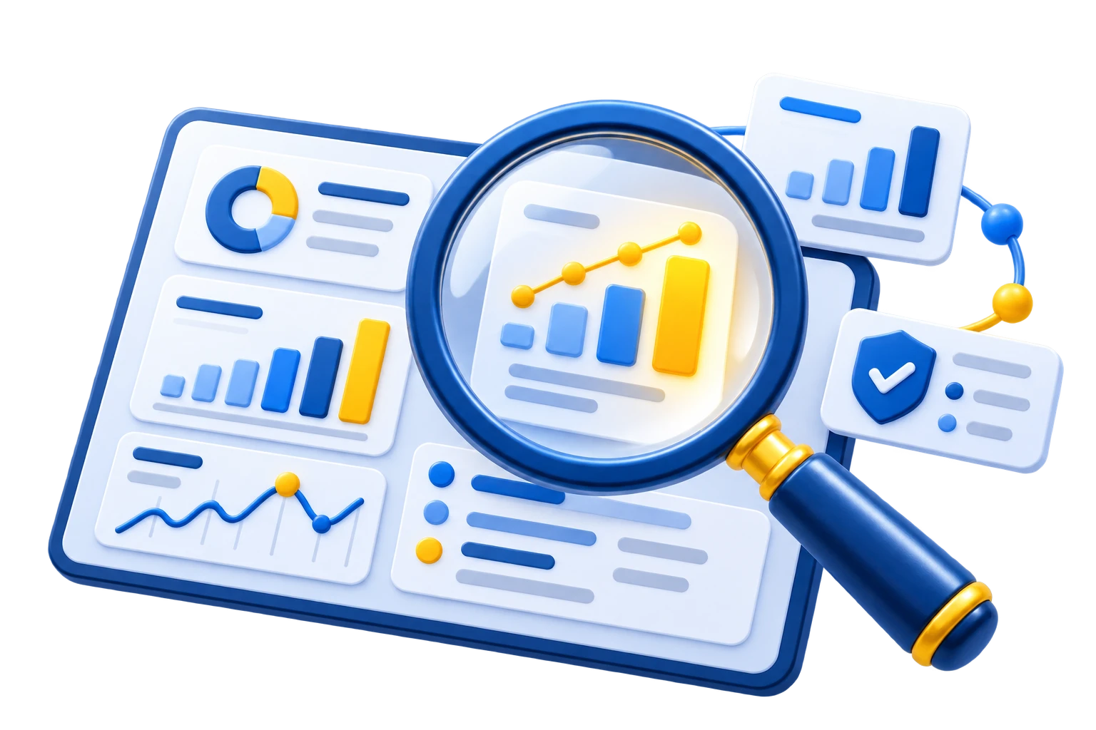 Lupe über einem Analyseboard zur Prüfung von Marketingkennzahlen und Datenqualität