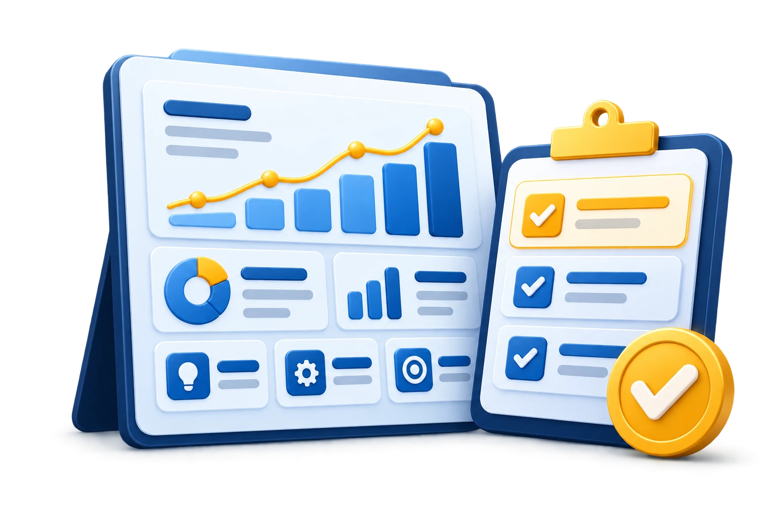 Reporting-Board mit Performance-Auswertung, Maßnahmen-Checkliste und Bestätigungssymbol