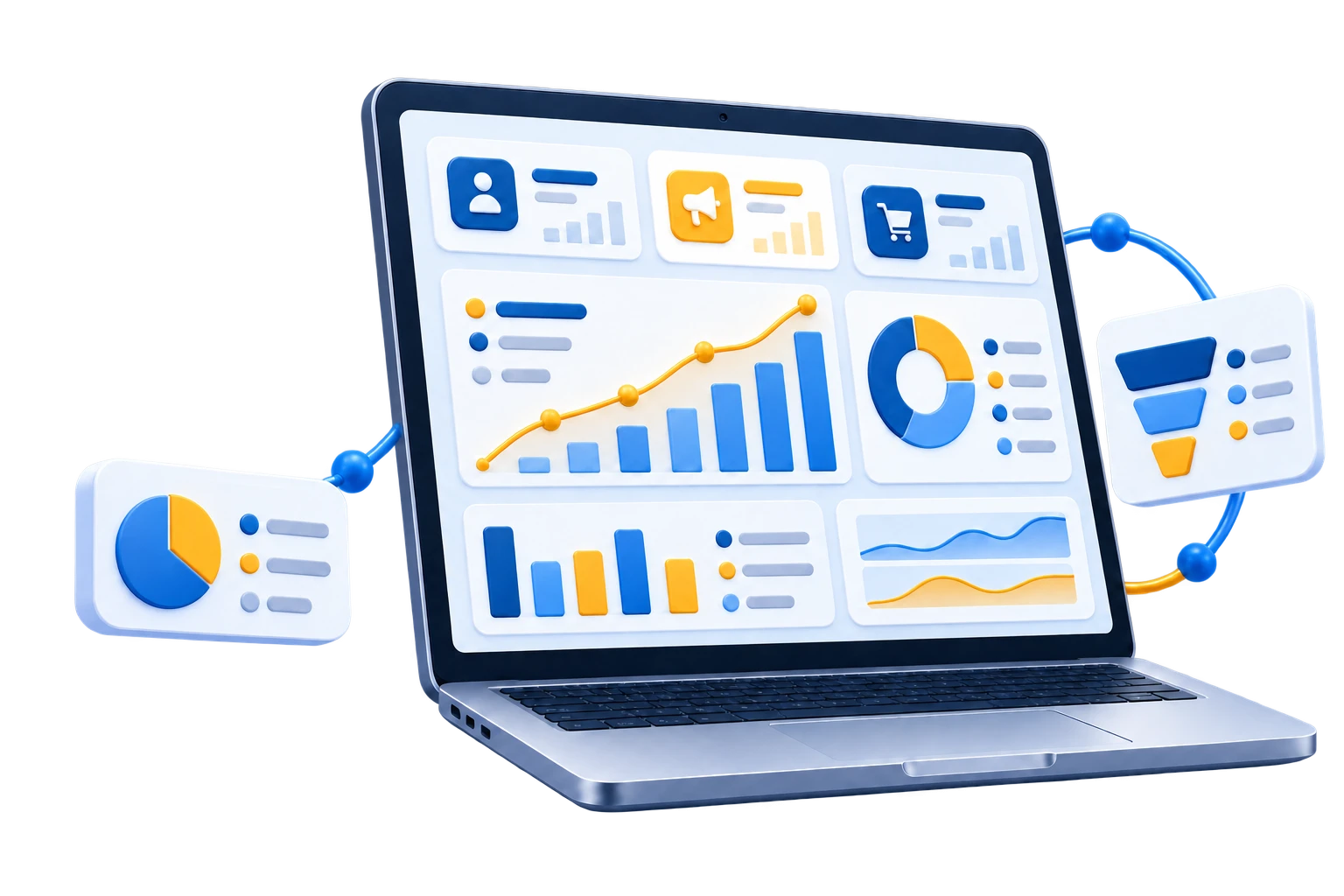 Laptop mit Marketing-Analyse-Dashboard, Kennzahlenkarten und Entwicklungsdiagrammen