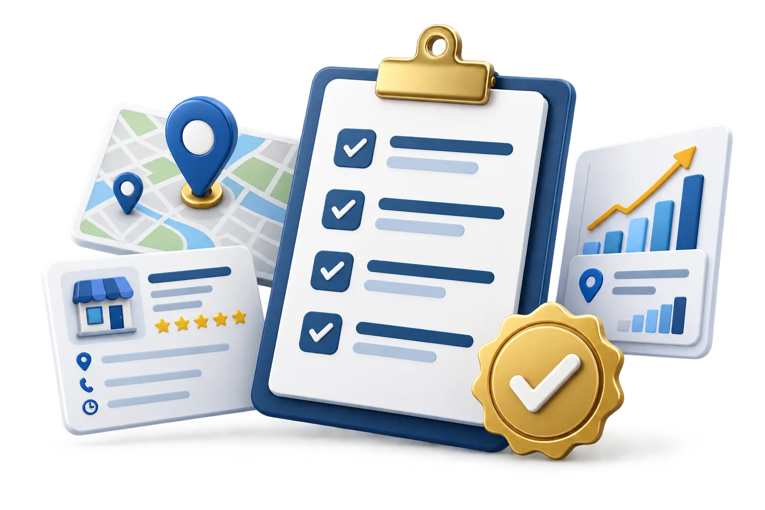 Illustration einer Local-SEO-Checkliste mit Standortkarte und Unternehmensprofil