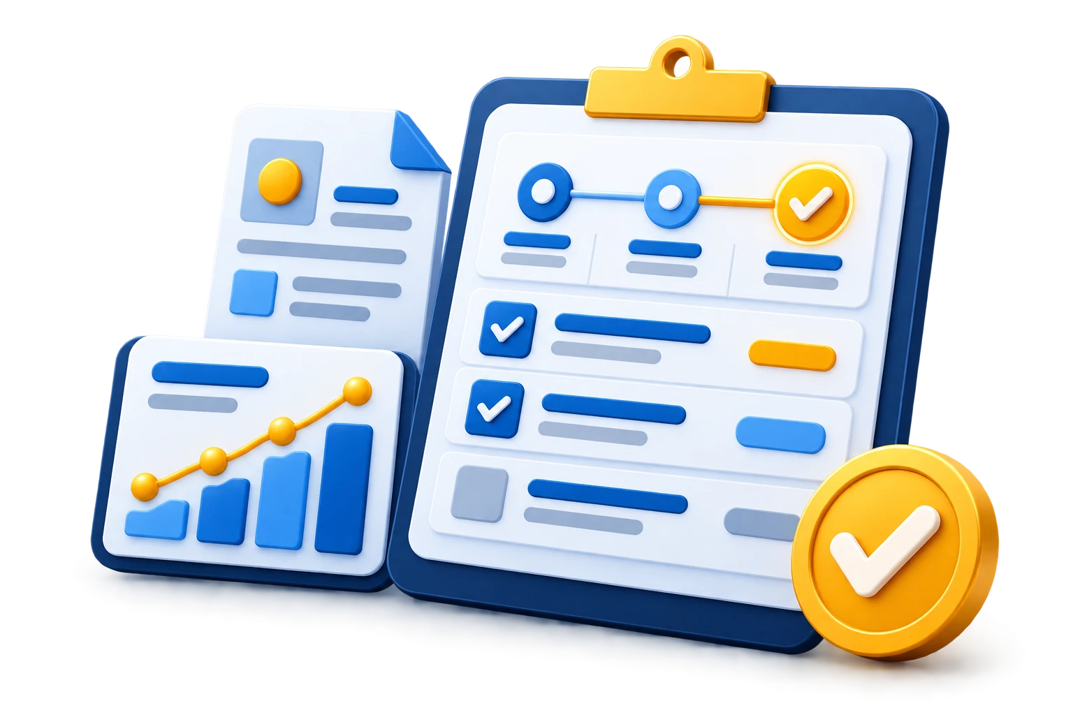 Projekt-Roadmap mit Aufgaben, Briefingkarten und Bestätigungssymbol
