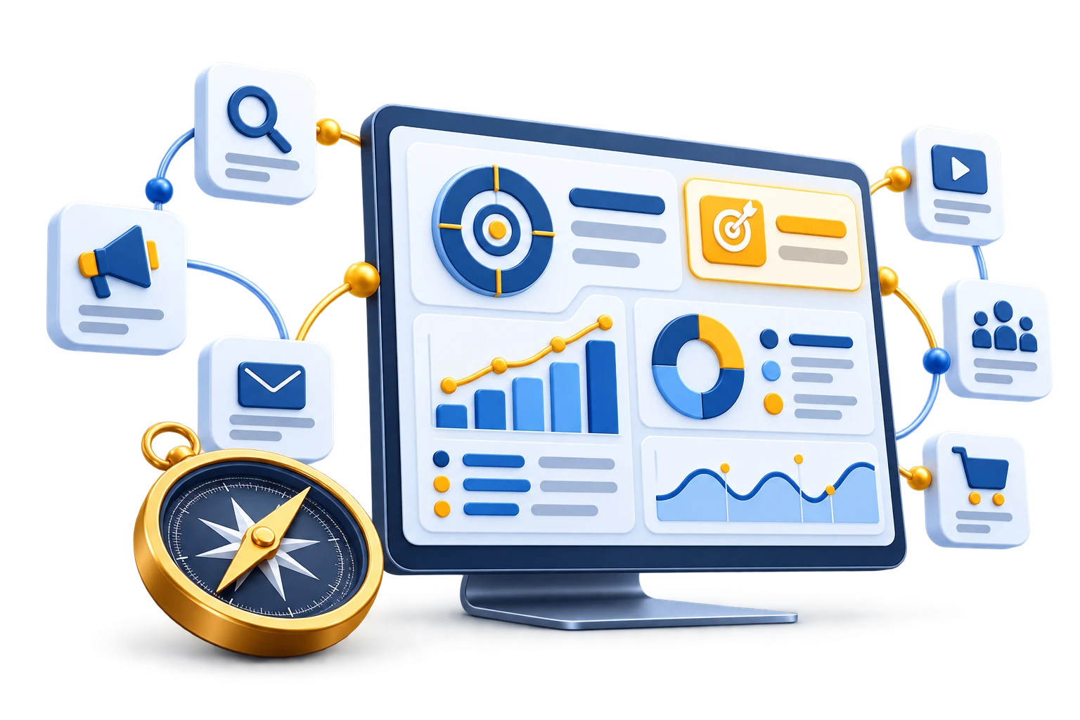 Strategie-Dashboard mit Marketingzielen, verbundenen Kanälen und Kompass